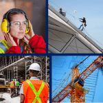 Four images of construction crew and equipment