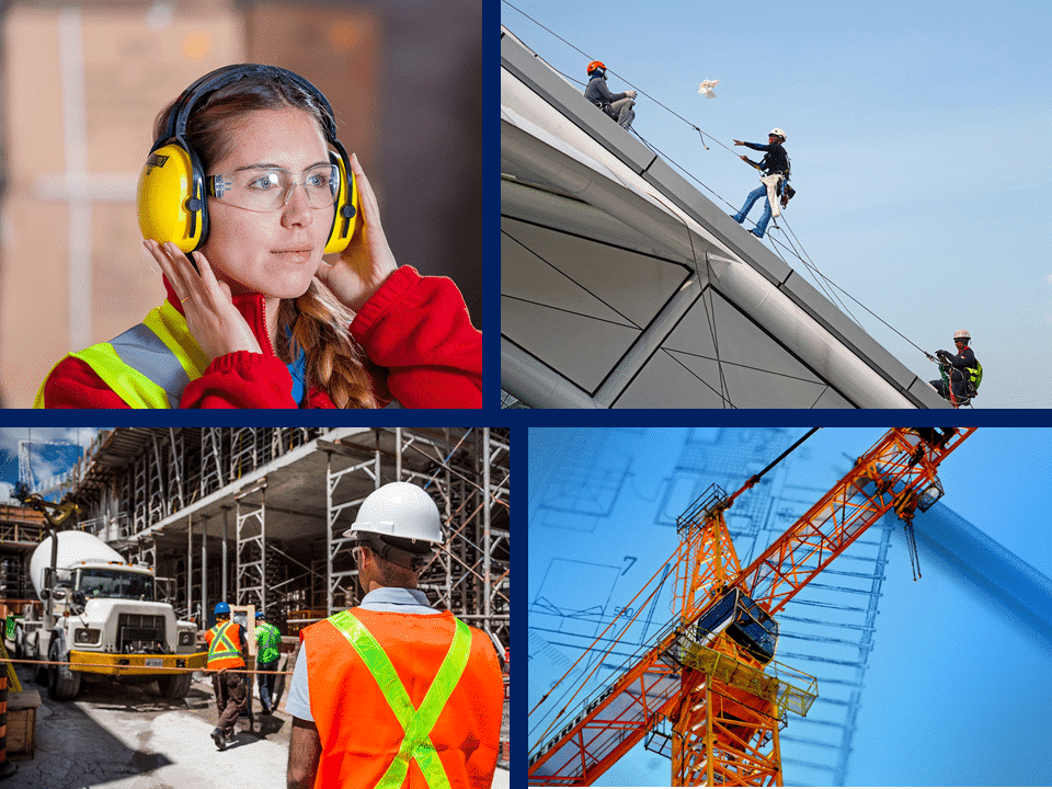 Four images of construction crew and equipment