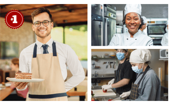 A collage of three images. Image 1: A man holding a plate of pancakes. Image 2: A chef smiling in a restaurant kitchen. Image 3: Two kitchen staff members working in a kitchen.